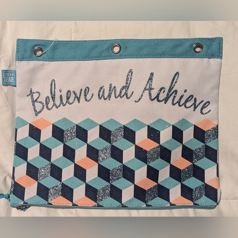 Pen & Gear " Believe and Achieve" canvas, sparkly 3 ring binder pouch.
